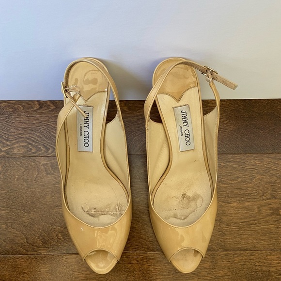 JIMMY CHOO PATENT LEATHER PEEP TOE SLING BACK Size 40 / 10 US Beige Tan - Picture 6 of 8